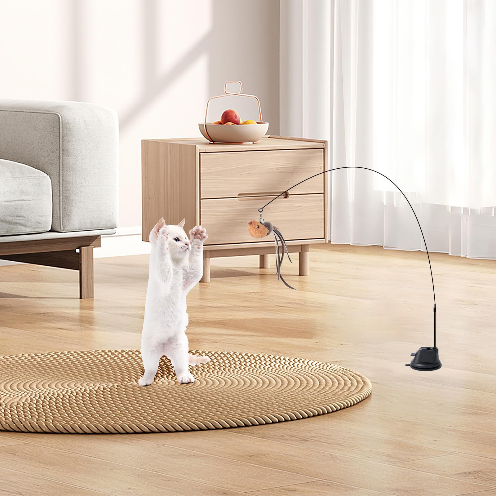 AiQInu 4 Pièces Jouet Chat Interactif, Interieur Jouets pour Chats avec Ventouse, 1 Canne à Pêche pour Chaton avec 2 Oiseaux à Clochettes, Jouets Intelligence Chat Baguette