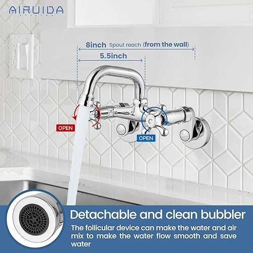 Vista 45 de Airuida Grifo de cocina de níquel cepillado para montaje en pared, boquilla de 8 pulgadas, montaje en pared, grifo de fregadero de lavandería