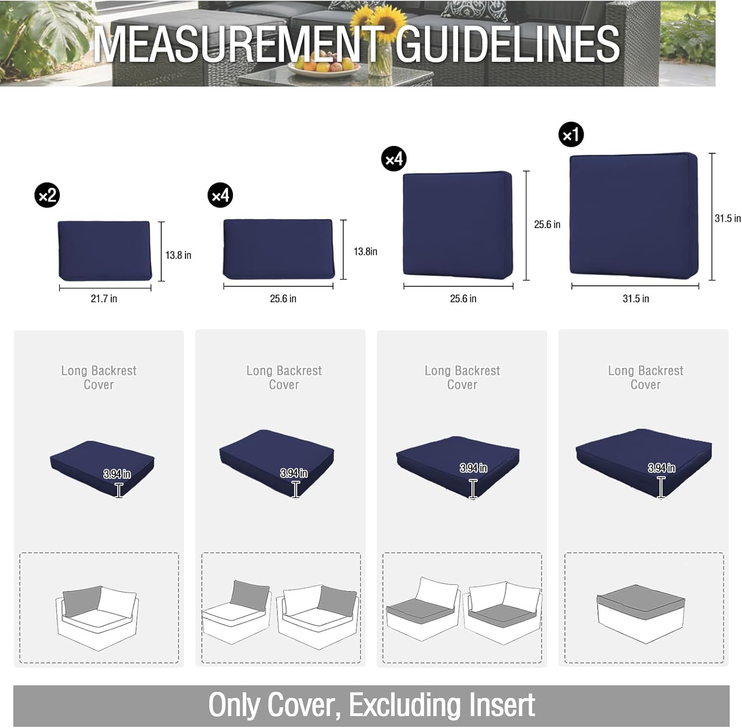 11Pieces Patio Cushion Covers Replacement,Waterproof Outdoor Cushions Covers for 6-Seaters Sofa,Slipcovers Set with Zippers,Washable Cover Only(Dark Blue, 25.6" L*25.6W*3.94" H)