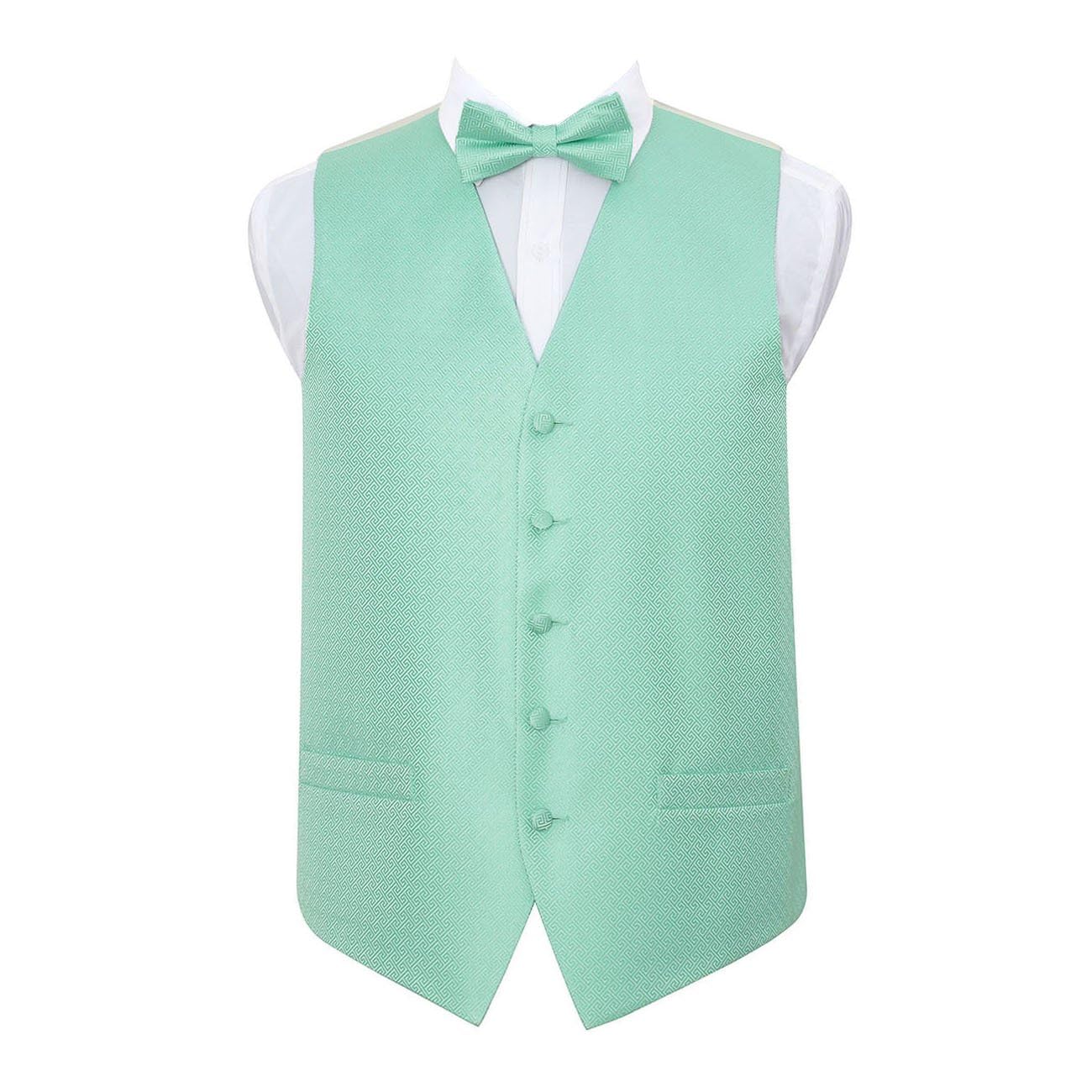 DQT Mens Greek Key Jacquard Waistcoat & Pre-Tied Bow Tie Set (2pc) - Wedding, Business & Formal - Mint Green 50" 5XL