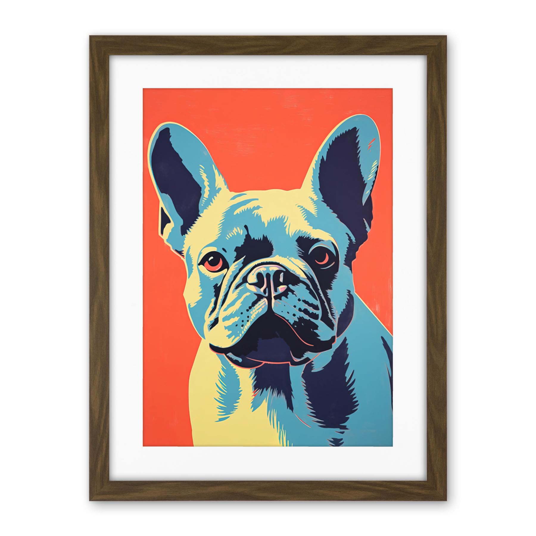 Artery8 French Bulldog Colour Block Artwork Coral Orange Blue Vibrant Pet Portrait Cute Artwork Framed Wall Art Print 18X24 Inch