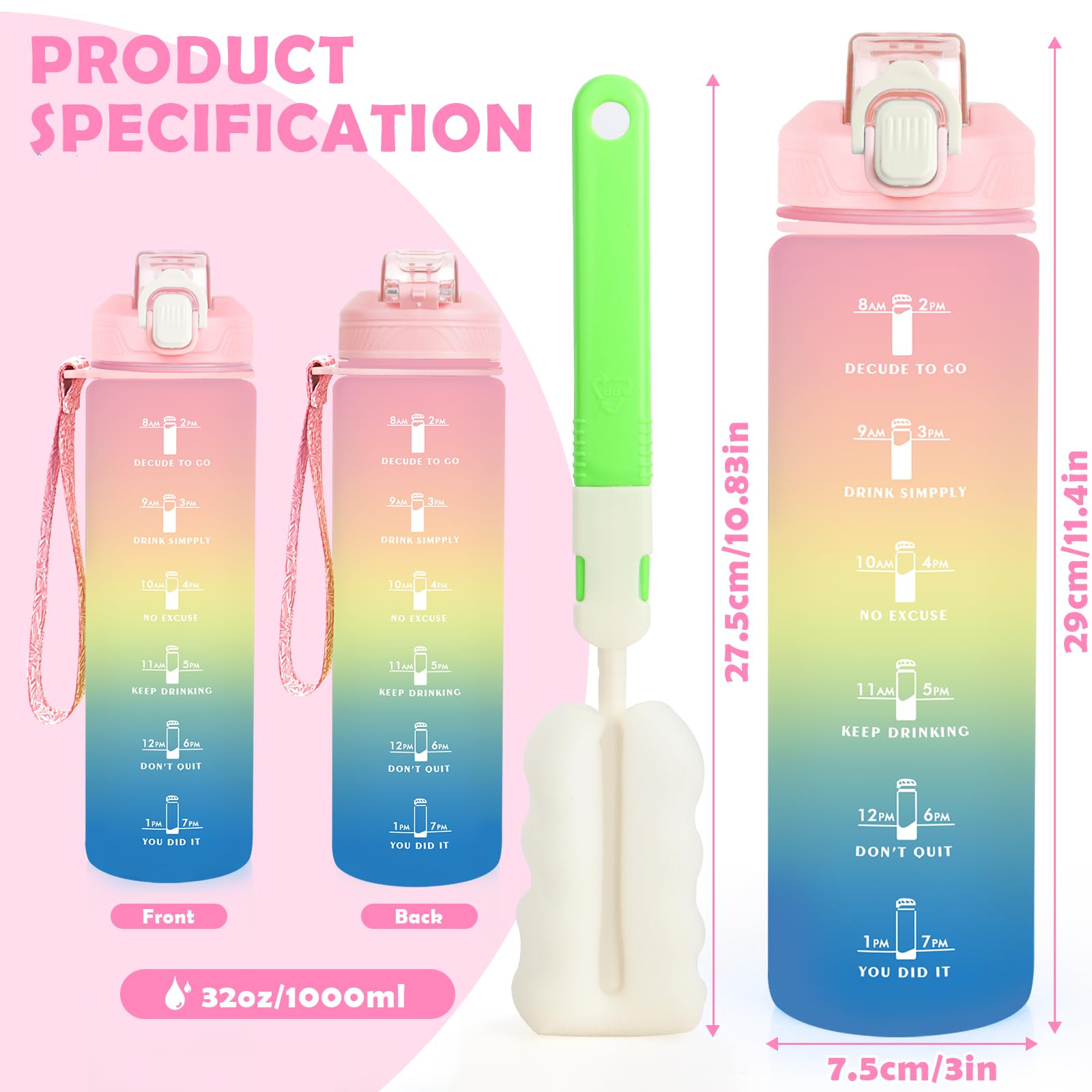 Borraccia Sportiva 1L Con Timer - Senza Perdite Per Palestra E Trekking | Giallo-Rosa Con Citazioni Motivazionali - Foto 11