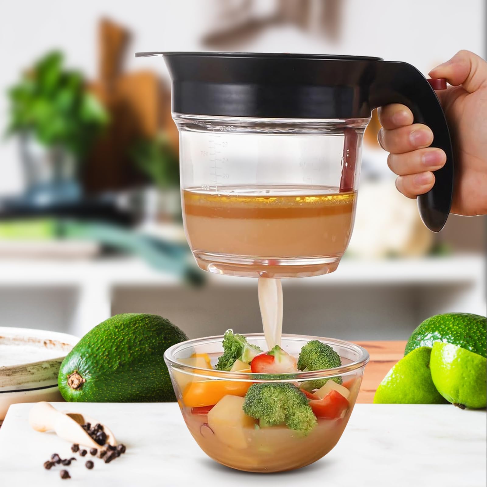 Separatore di Grassi 1000 ml con Filtro e Rilascio Inferiore – Separatore di Grasso Cucina per sughi, zuppe e brodi, facile separazione di olio e liquidi, utensile da cucina pratico per casa carne