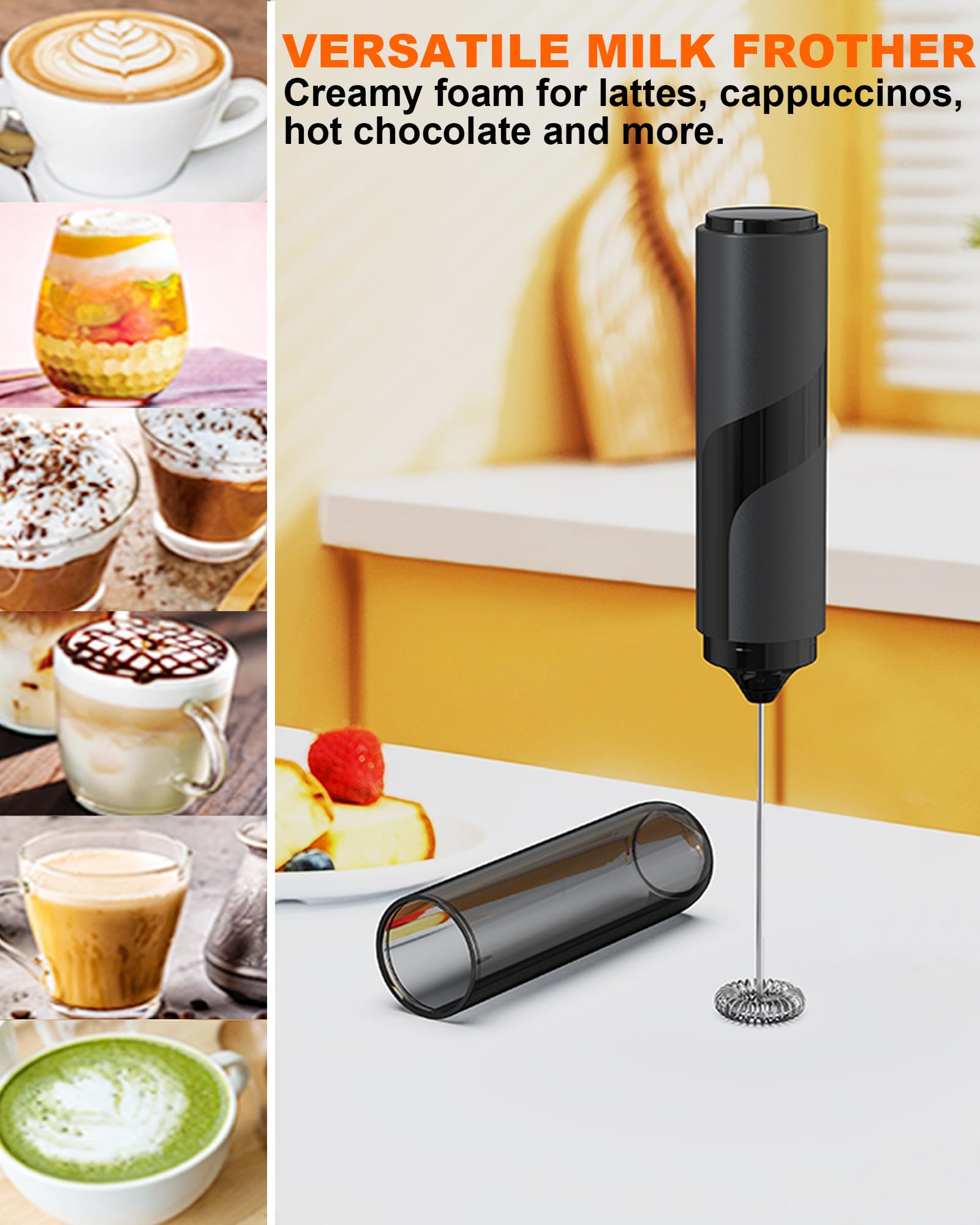 Espumador eléctrico de leche con tapa, mezclador de bebidas fácil de llevar, varita espumadora eléctrica a pilas para café, latte, capuchino, bebida frappé, chocolate caliente, negro