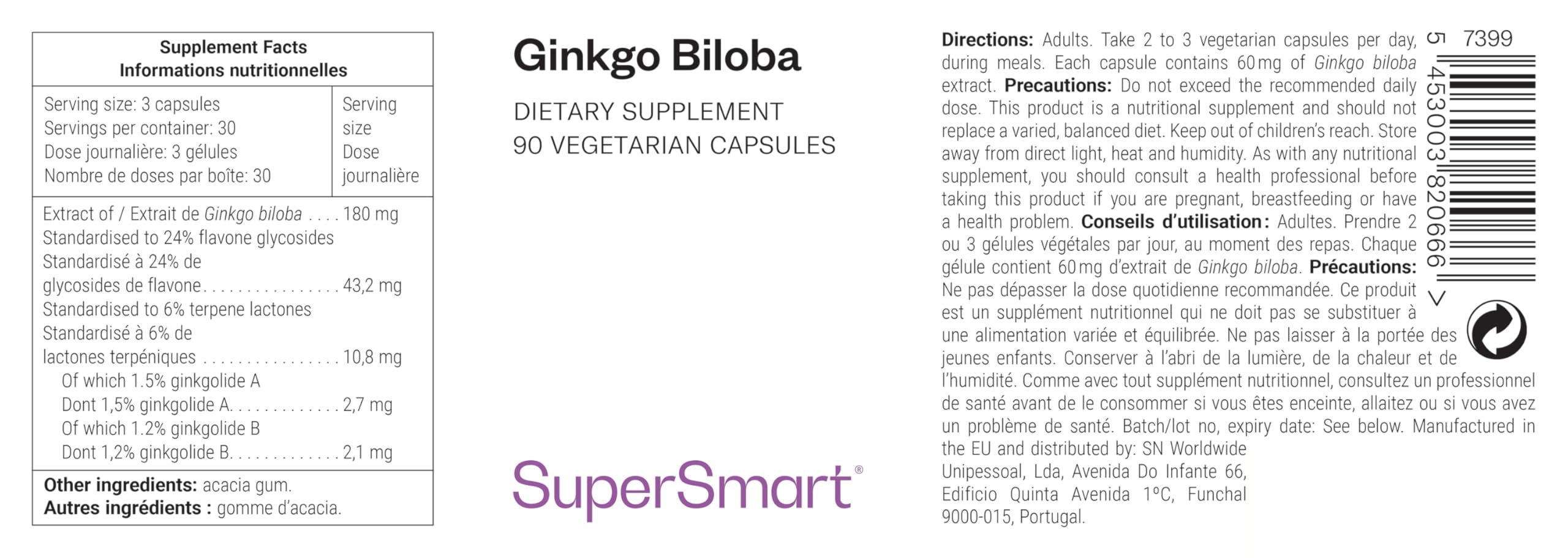 Ginkgo Biloba - Aide à Maintenir la Fonction Cognitive - SuperSmart | Standardisé à 24 % Ginkgoflavonglycosides et 6 % de Terpène Lactones - Contribue à la Santé de la Circulation Sanguine