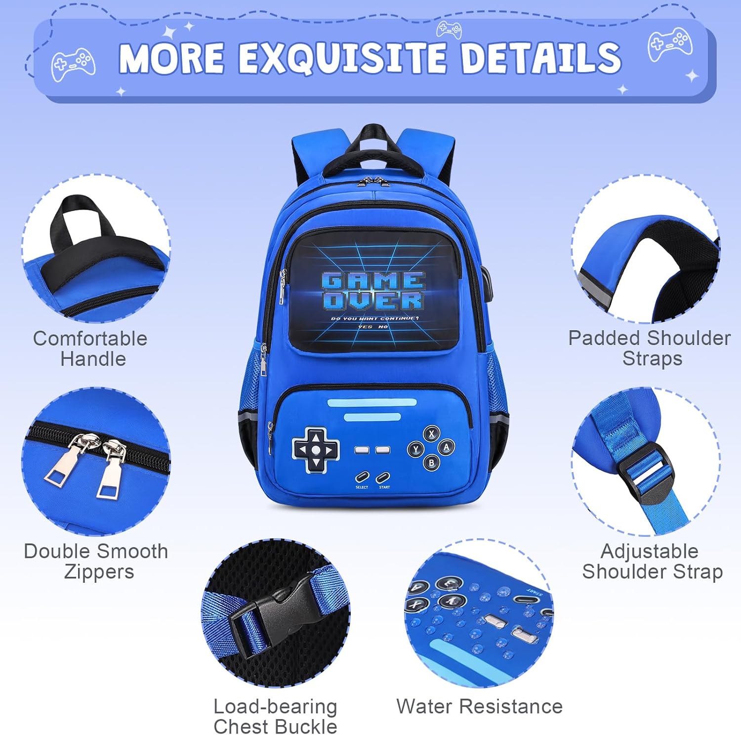 ACESAK Gamer Backpack for Boys - Cool Luminous School Backpack with Lunch Bag Pencil Case - Kids Boys Backpack Elementary Middle School Book Bags for Teen with USB Charging Port (Blue