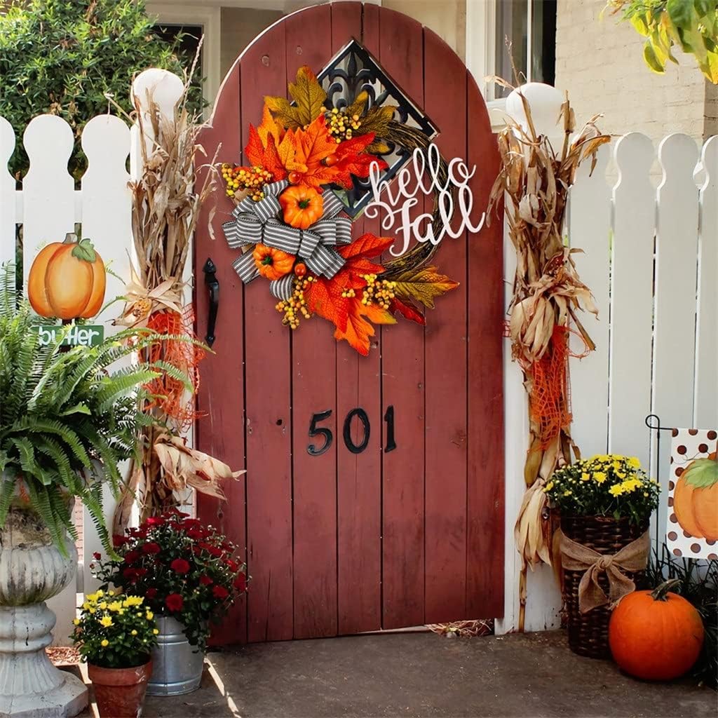 15/20 inch Fall Door Wreath Autumn Maple Leaf Pinecone Harvest Garland for Home Decor Front(E)