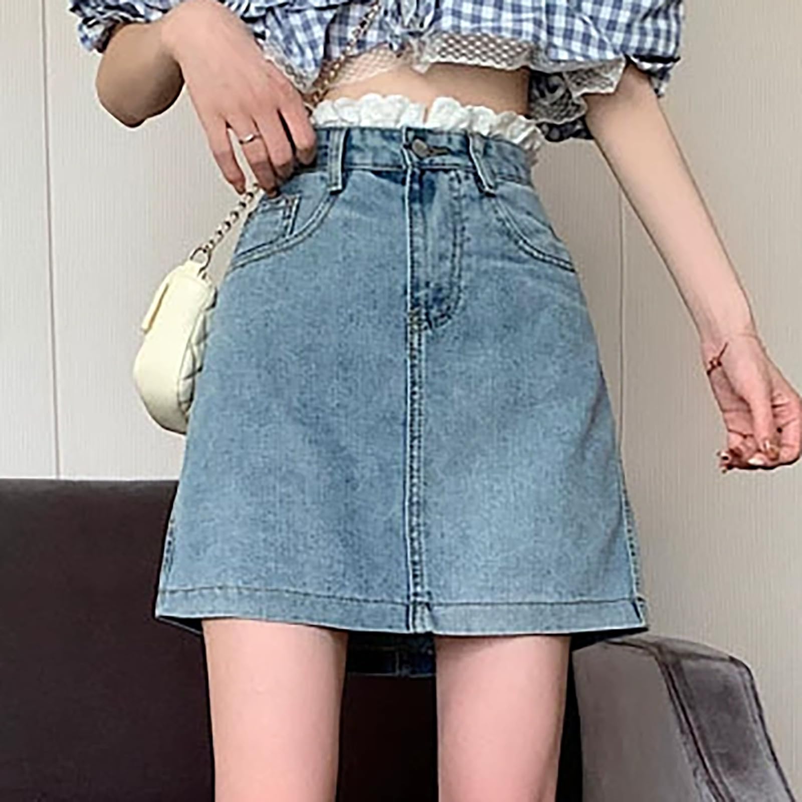 Jupe en jean pour femme - Taille haute - Culotte asymétrique - Mode décontractée - Avec pantalon court - Ligne A - Bouton - Pantalon élégant