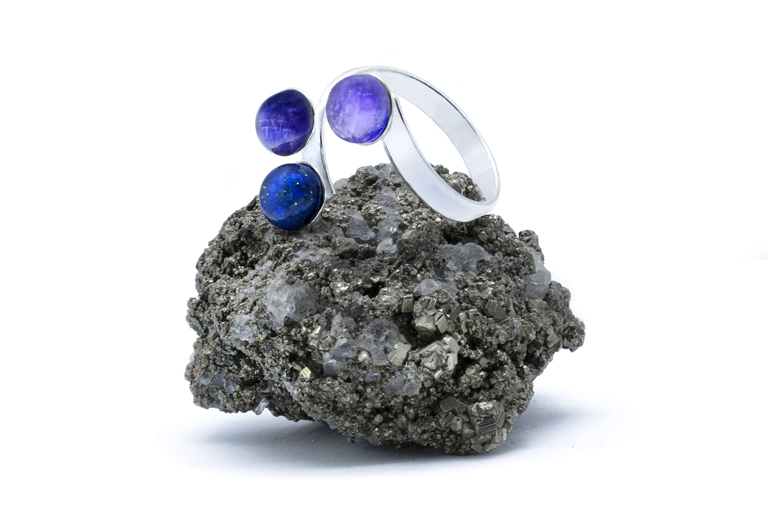 925 Silber Trilogy Ring mit Lila Amethyst, Lavendel Amethyst und Lapislazuli (Naturstein) 6mm - Verstellbaren Ringen, von XS bis XL, für Männer für Frauen - Kostenlose Geschenkbox
