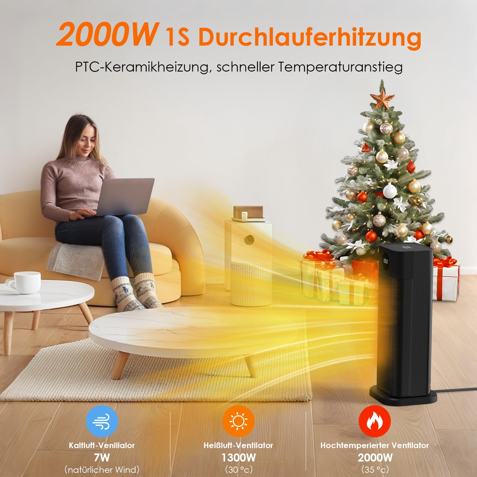 Minthouz Heizlüfter Energiesparend, 2000W PTC Keramik Heizlüfter, 3-Modus Elektroheizung mit Thermostat, Fernbedienung, LED-Digitalanzeige, 12H Timer, 70° Oszillation, Heizung Elektrisch für Haus,Büro
