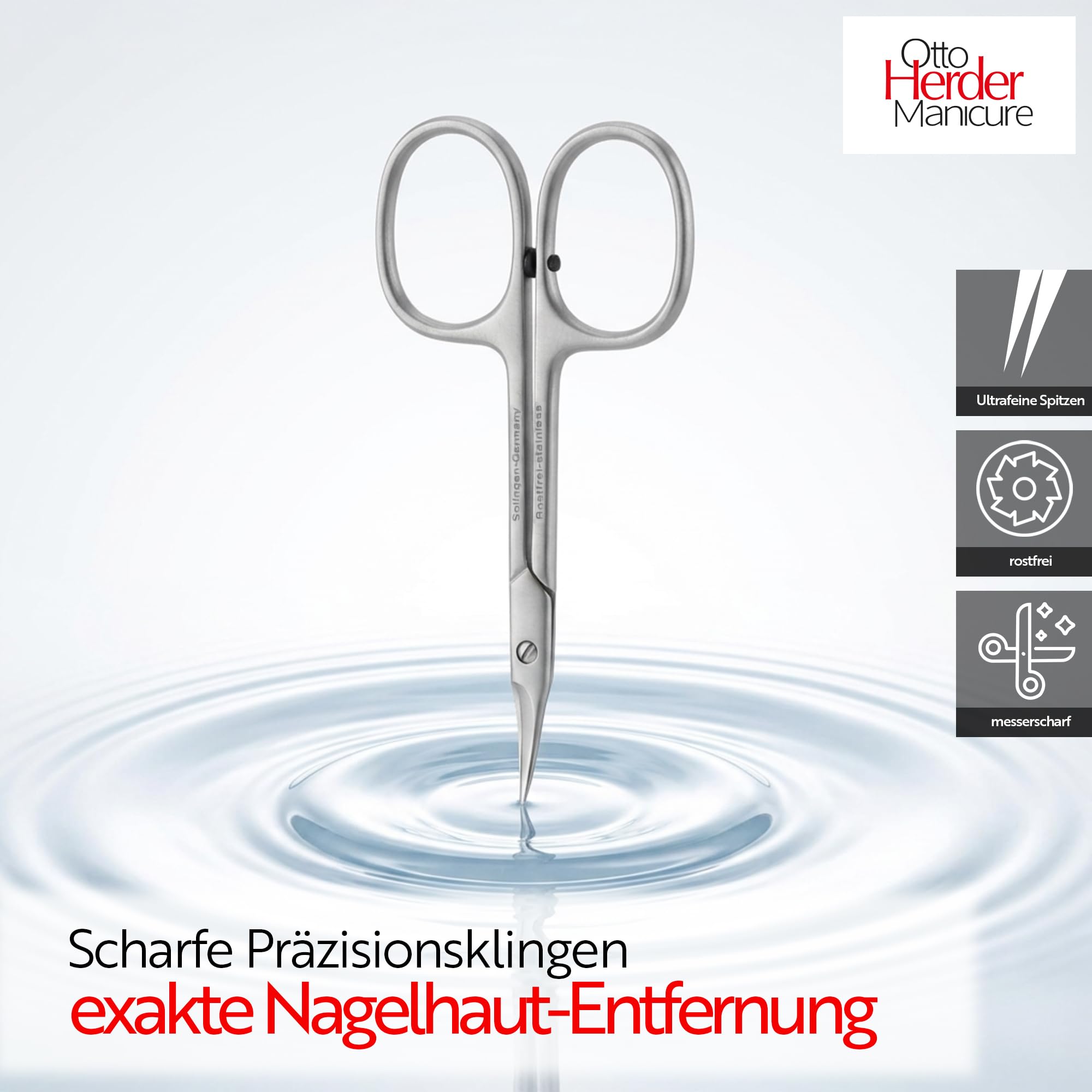 OTTO HERDER Hautschere extra fein 9cm aus Solingen, Extra scharfe Nagelhautschere Turmspitze aus Edelstahl, zur Entfernung abgestorbener Nagelhaut, für Fingernägel und Fußnägel, mit Stopper