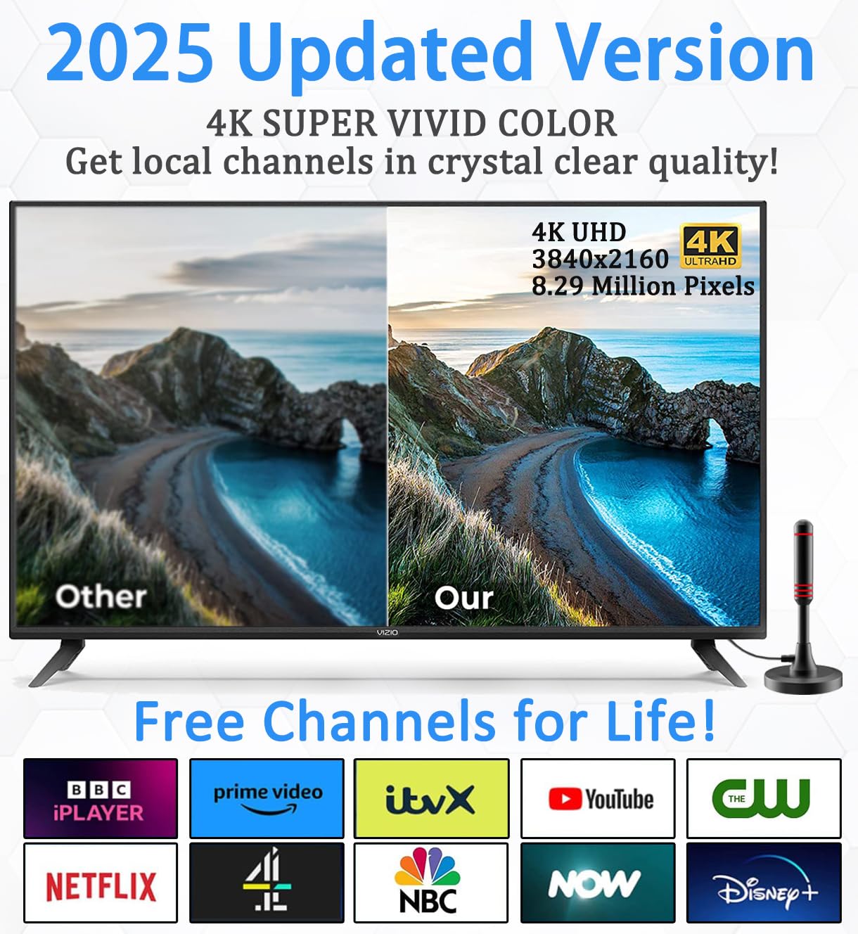 Antenne TV d'intérieur pour Smart TV avec amplificateur de signal - Antenne TV numérique pour Freeview TV - Longue portée de 900 km - Prise en charge 4K 1080p - Avec base magnétique/câble coaxial de 5