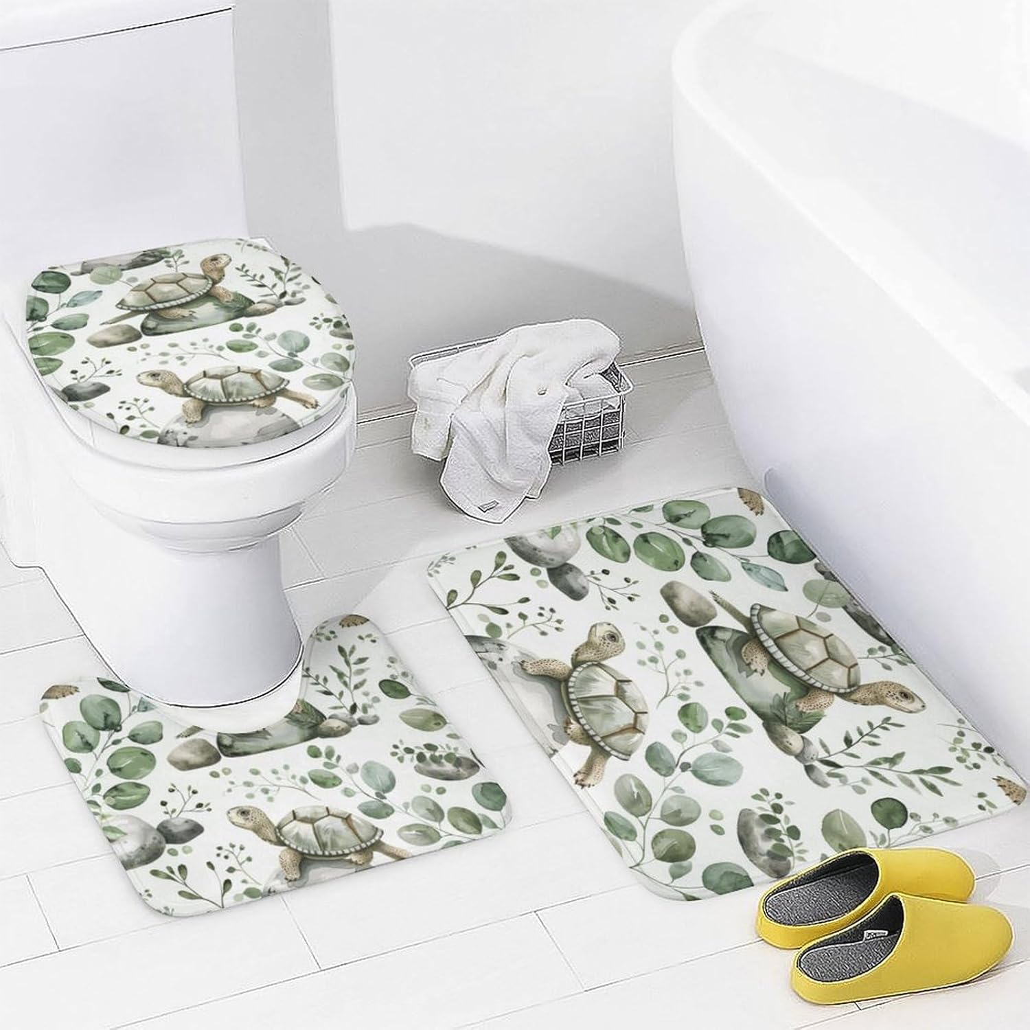 4Pcs Novelty Eucalyptus Rock Shower Curtain Sets with Rugs, Toilet Lid Cover and Bath Mat, Turtle Ocean Animal Bathroom Shower Curtains Set with 12 Hooks
