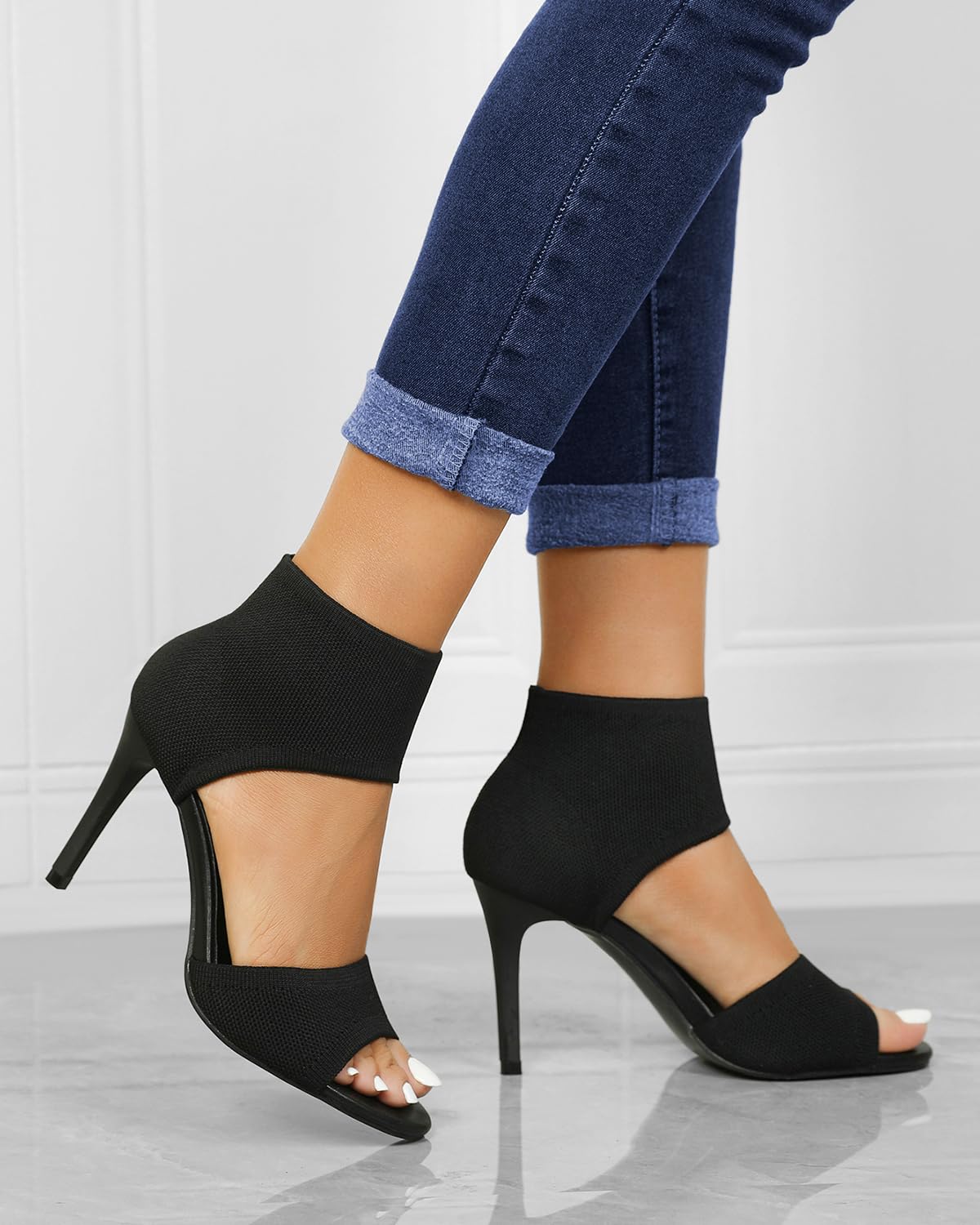 Peep-Toe-Absätze für Damen, sexy, 9.4 cm, Stiletto-High Heels für Damen, elegant, Slipper, bequem, breit, dehnbar, Strick, offener Zehenbereich, schwarze Absätze, Sandalen für Abschlussball