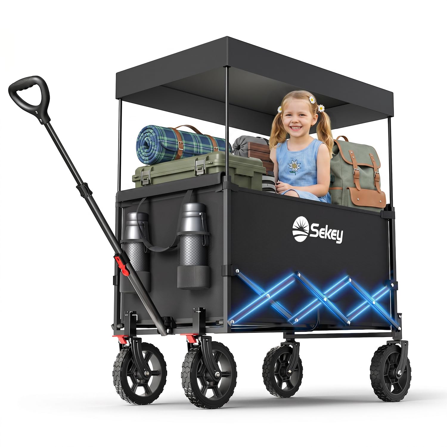 Sekey XXL Chariot Enfant 150L 150KG, Modèle Pliable à Toit, Accessoire de Transport avec Pare-Soleil pour Plage et Camping SE4018, Noir