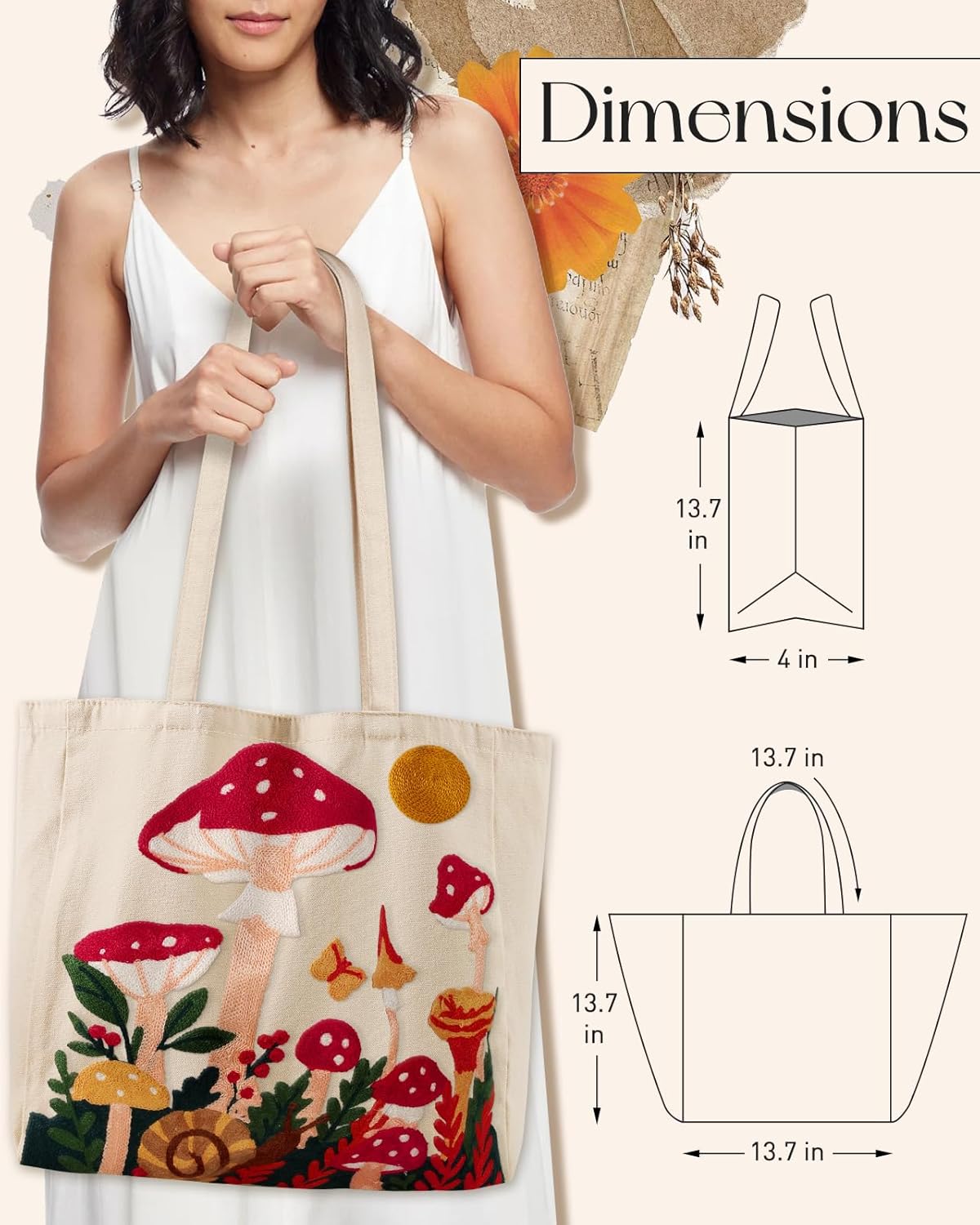 Embroidery Canvas Tote Bag for Women - Reusable Tote with Buckle Aesthetic Cute Shoulder Bag for Shopping, Grocery - Image 2