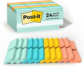 Post-it Notes, 1 3/8 in x 1 7/8 in, 24 Pads, America's #1 Favorite Sticky Notes, Beachside Café Collection, Pastel Colors,...