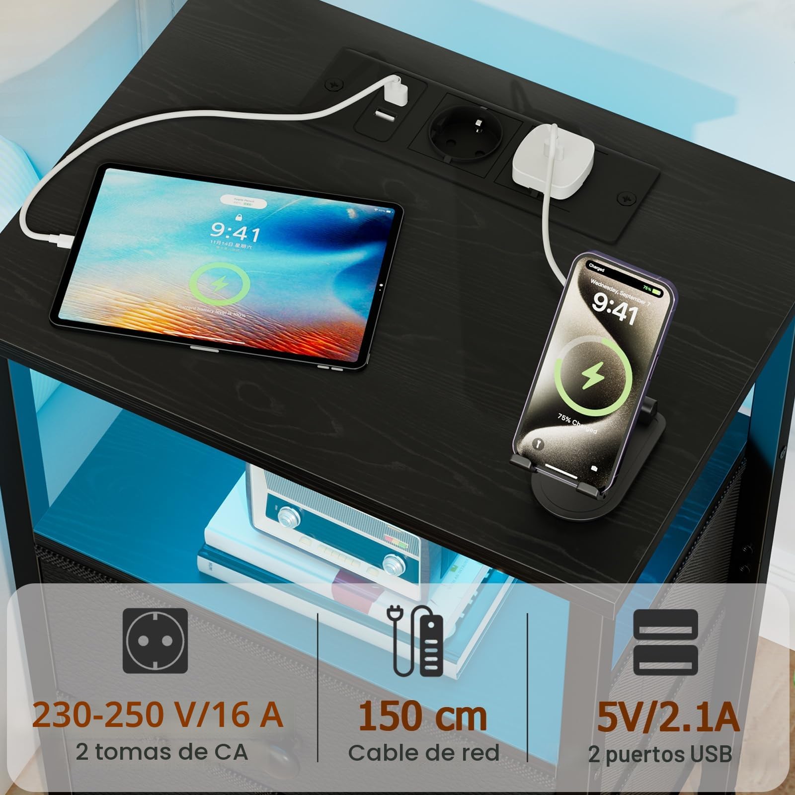 AMHANCIBLE Mesita de Noche, Mesitas de Noche con Estación de Carga, Mesa Auxiliar con 2 Cajones de Tela, 2 Tomas AC, 2 Puertos USB, Dormitorio, Salón, Estudio, Negro, EHETS02BK-1