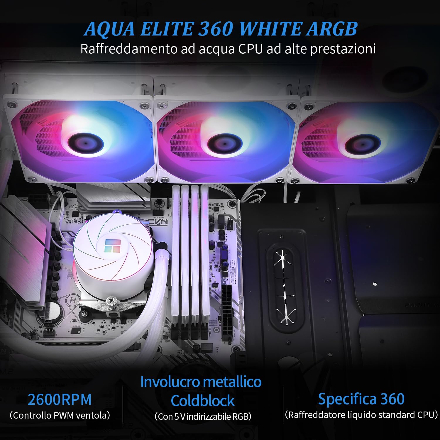 TR AQUA ELITE 360 Blanc ARGB refroidisseur d'eau pour CPU, avec 3 * 120mm ventilateurs PWM, vitesse 1550RPM,pour AMD/AM4/AM5&Intel LGA1150/1151/1200/2011/1700,Refroidisseur d'eau pour CPU(Blanc ARGB)