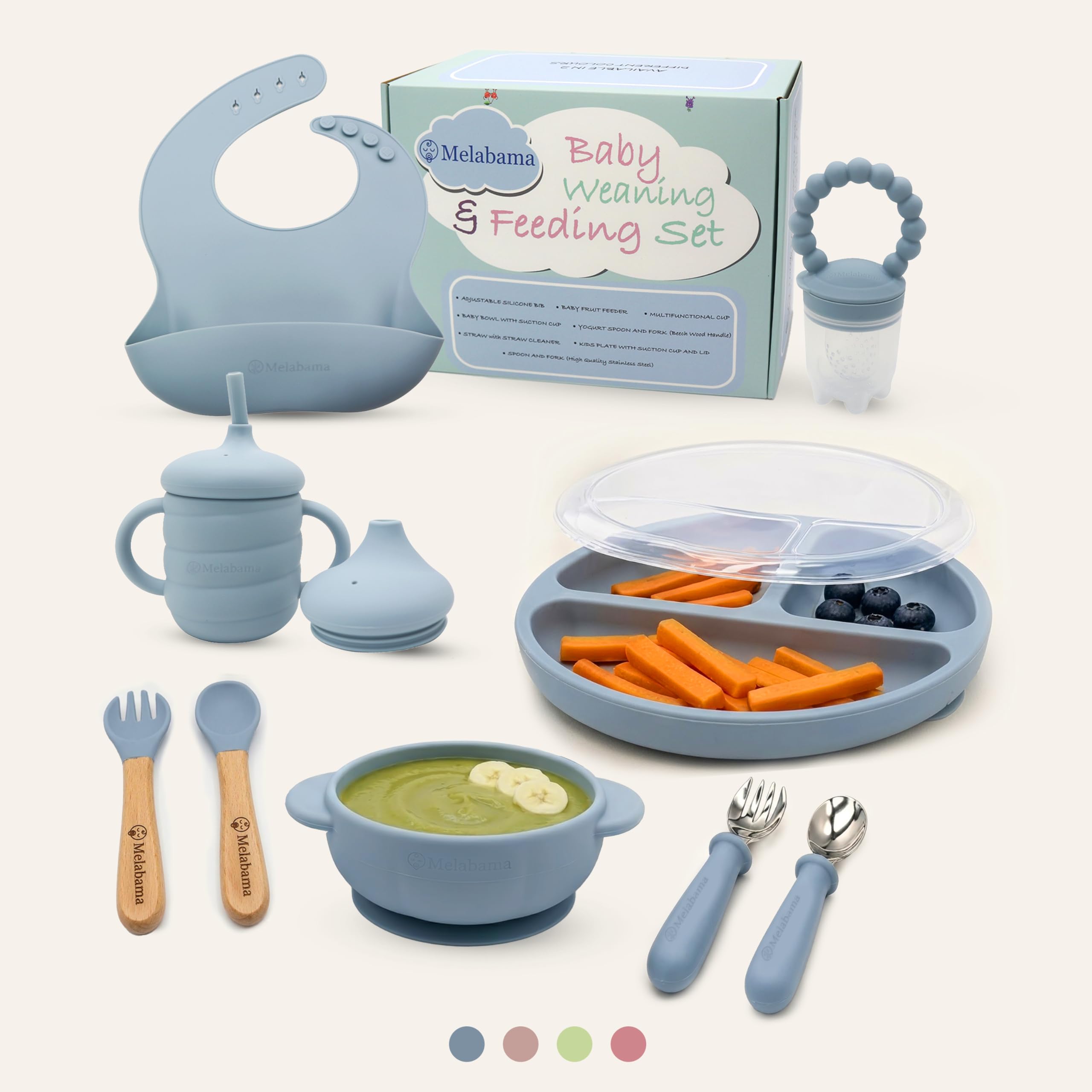 Baby Led Weaning Set 10 Pcs | BPA Free Silicone, Suction Plate with Lid, Suction Bowl, Adjustable Bib, 3-in-1 Sippy Cup, Fruit Feeder, Stainless Steel & Wooden Handle Spoons and Forks - Gift Ready