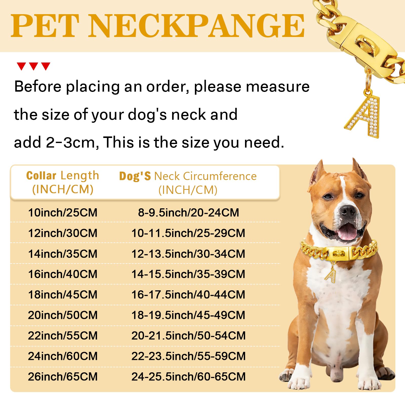 Collar de perro dorado con colgante, collar de metal para caminar de acero inoxidable, 19 mm de ancho, eslabón cubano, fuerte, resistente a la masticación para perros medianos y grandes (60 cm)