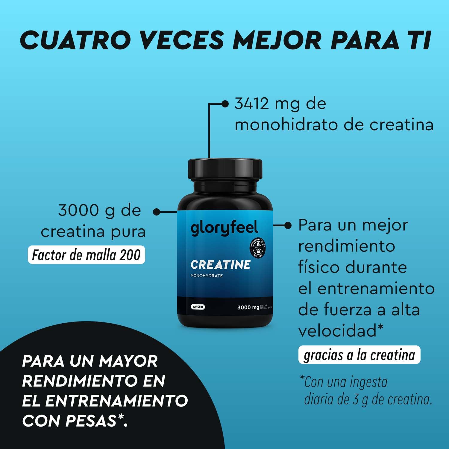 Creatina Monohidratada 3.412mg - 320 Cápsulas - Para la masa muscular, tu entrenamiento, el deporte y el fitness - 3000mg Creatina pura en polvo en altas dosis - Probado en laboratorio Sin aditivos