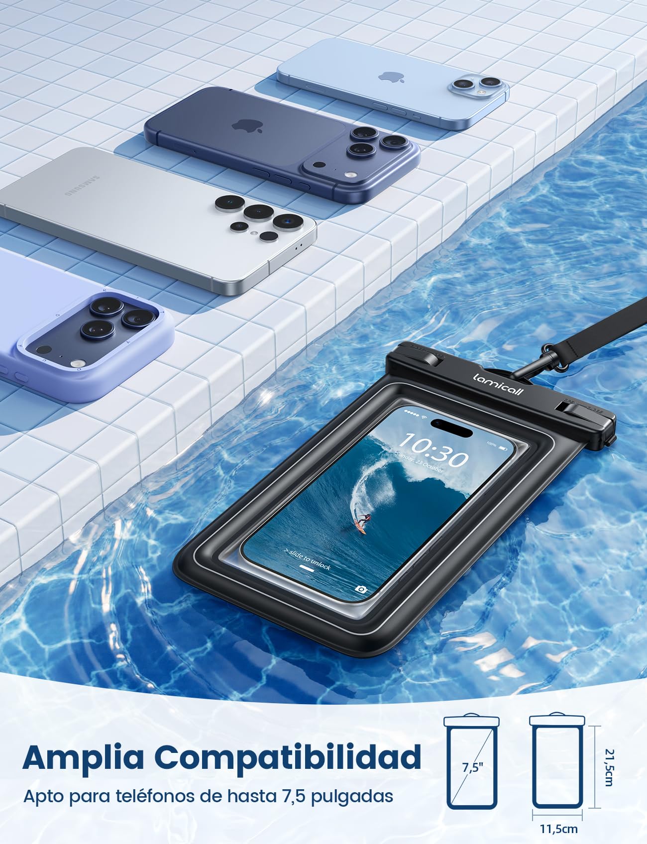 Lamicall Funda Impermeable Móvil Flotante - [Alta flotabilidad] IP68 Bolsa Estanca Móvil con Cordón Ajustable, Funda Subacuática Teléfono para iPhone 17 16 15 14, Samsung, hasta 7,5" - [2 Unidades]