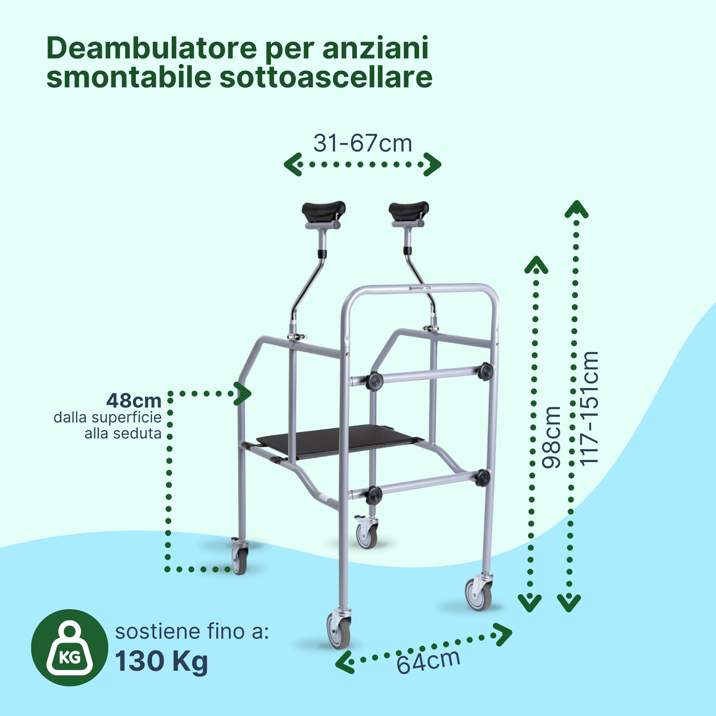 Deambulatore con Seduta, Deambulatore per Anziani Smontabile | Girello per Anziani e Disabili Ascellare, Appoggi Sottoascellari Regolabili, Acciaio Verniciato, 4 Ruote, Interni ed Esterni