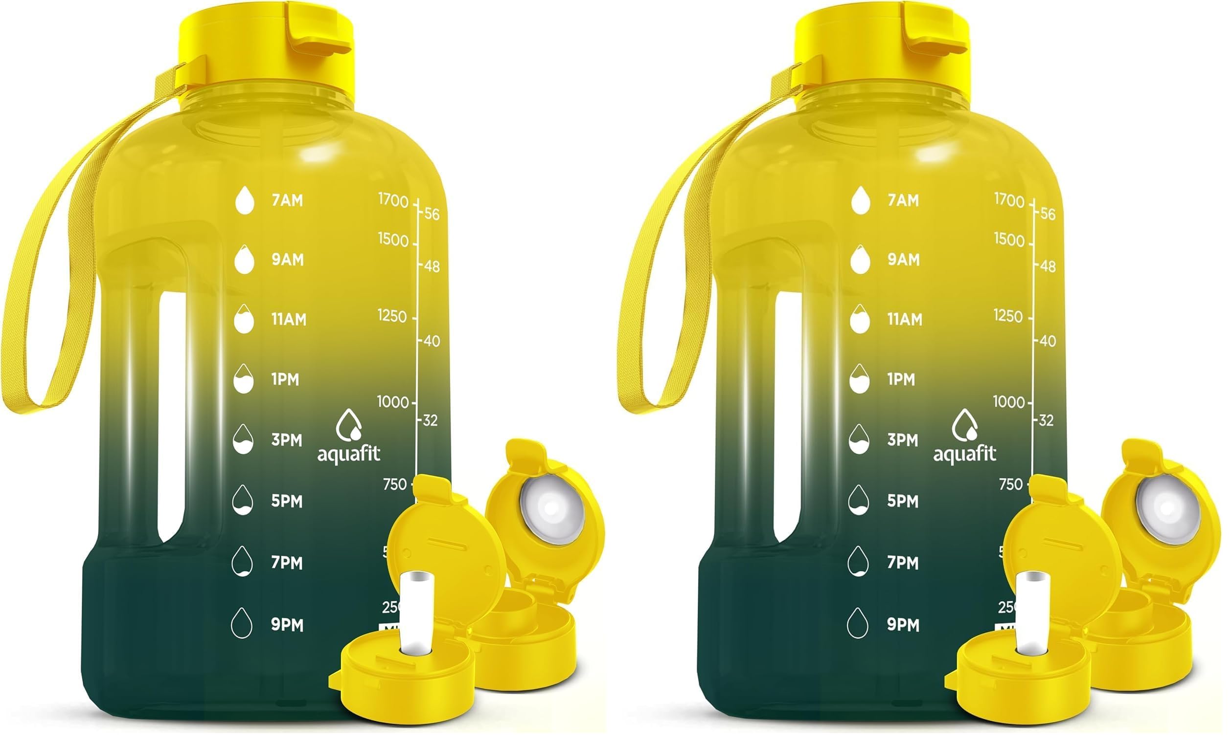 AQUAFIT 64 oz Water Bottle with Time Marker - Straw &amp; Chug Lid - BPA Free Half Gallon Gym Water Bottle with Handle - Big Gallon Jug (Forest Fade, 64 Ounces) (Pack of 2)