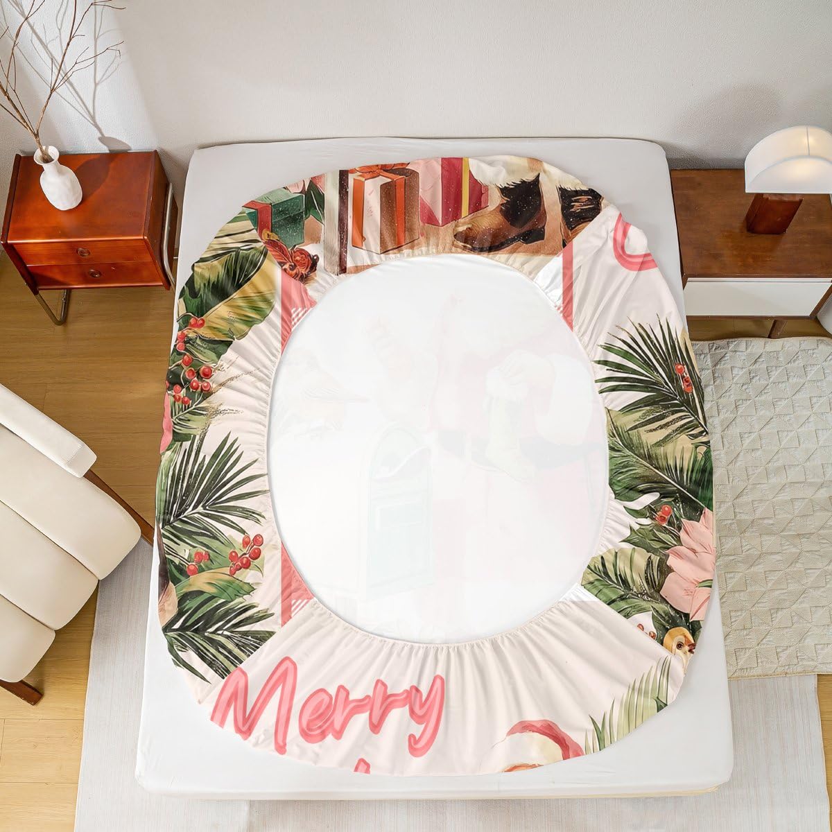 Homewish Juego de sábanas de Navidad para cama de matrimonio con Papá Noel rosa, ropa de cama de Navidad, para niños y niñas, juego de sábanas de invierno de 4 piezas