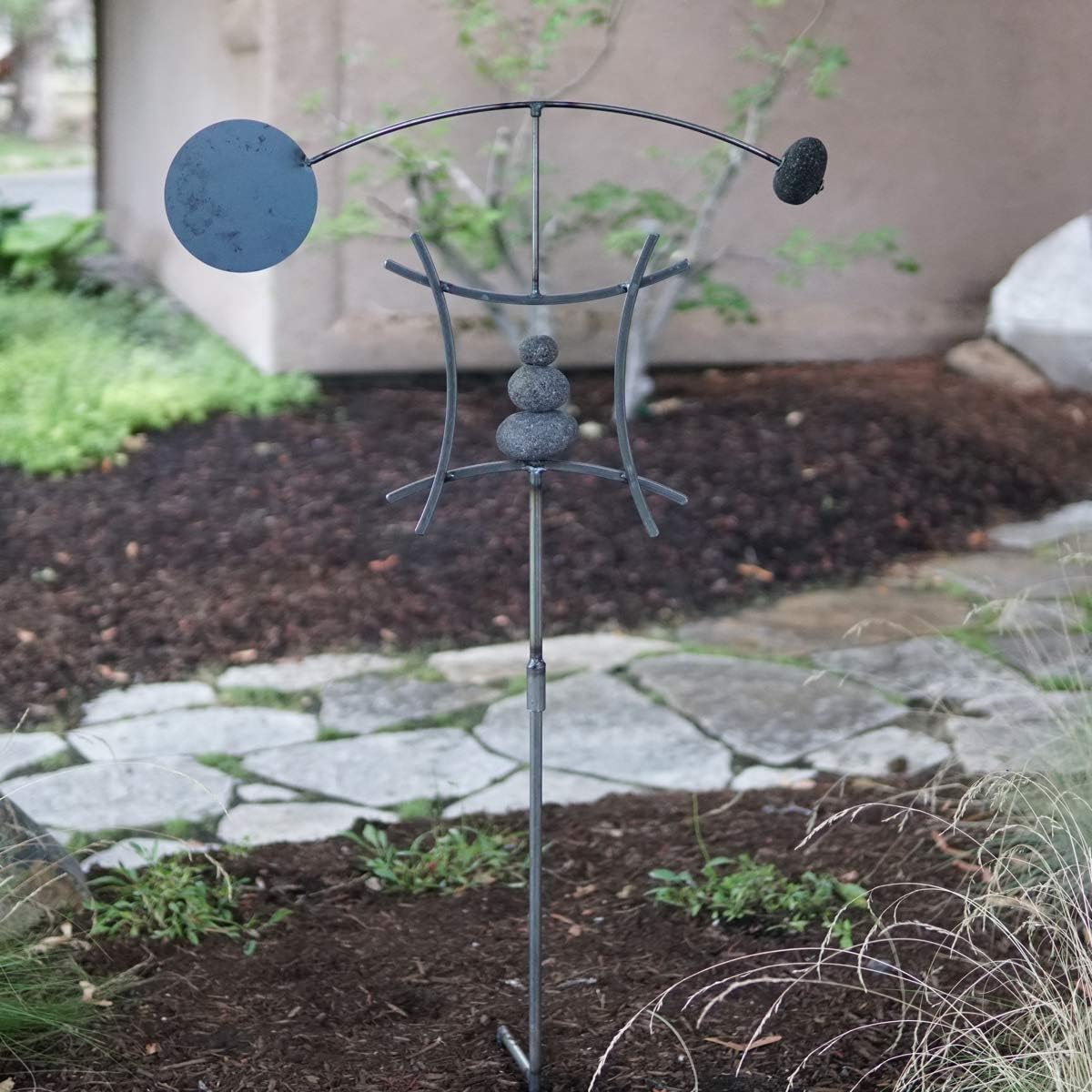 Aura Life Zen Garden Spinner Kinetic Wind Sculpture with Rock Cairn & Stake - Relaxing Outdoor Spinners for Yard and Garden - Handmade Outdoor Wind Art Vane Sculptures (Bare Steel)