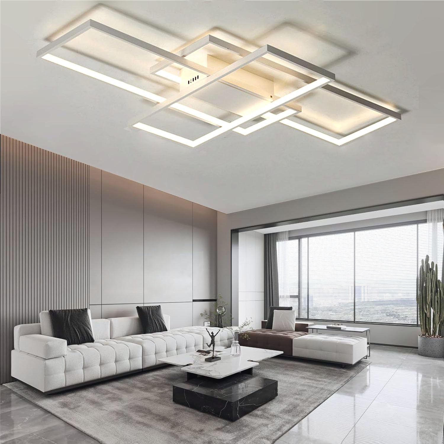 ASJK Lampadari LED a Soffitto Moderni 82W Plafoniere LED a Soffitto, Illuminazione a Soffitto Multifunzionale Geometrica 3000K-6000K per Soggiorno (105cm, Bianco)