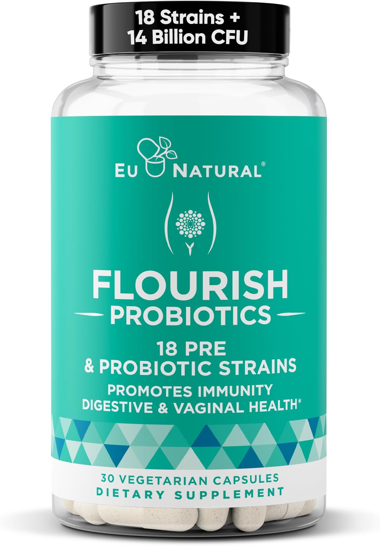 Flourish Probiotics + Prebiotics for Women - Gut and Digestion, Urinary Tract, Reduce Bloating, Vaginal Health - 18 Clinically Proven Strains, 14 Billion CFU - 30 Shelf-Stable Mini Vegan Capsules