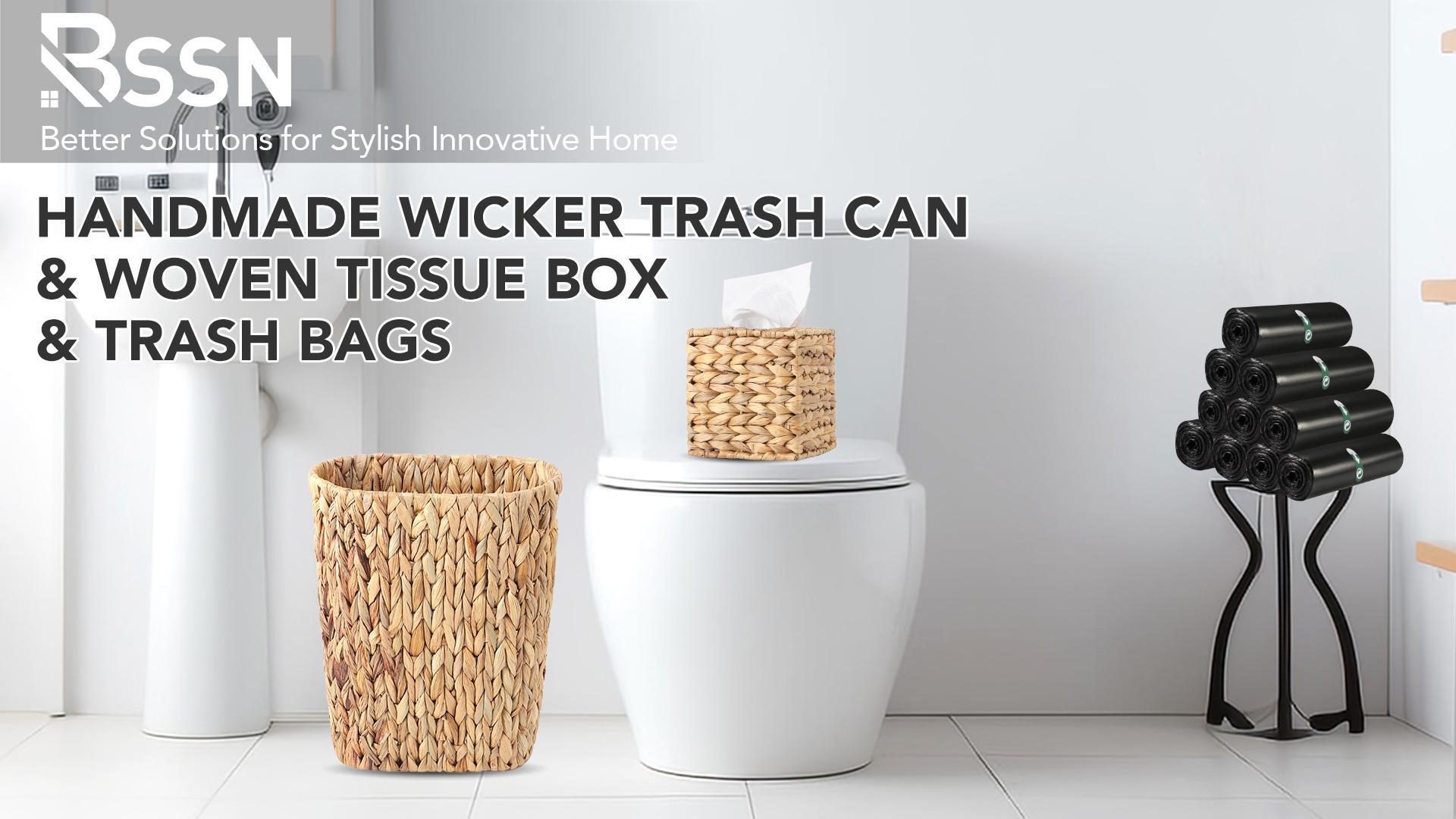Image of BSSN 4 Gallon Wicker Trash Can Handwoven Bathroom Trash Can,Square Water Hyacinth Tissue Box Cover, Narrow Small Waste Basket,Black 150 Count 5 Gallon Trash Bags Rustic Decor Set for Bedroom & Office