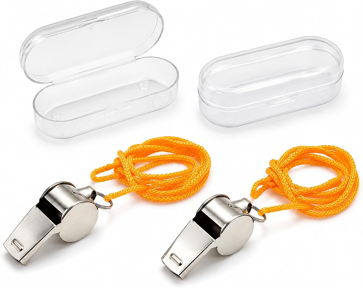 Carehabi 2 Stainless Steel Whistles Boxed - Referee Whistle with Orange Lanyard - Noisy Sports Whistle for Football, School Sports, Training and Dog Training