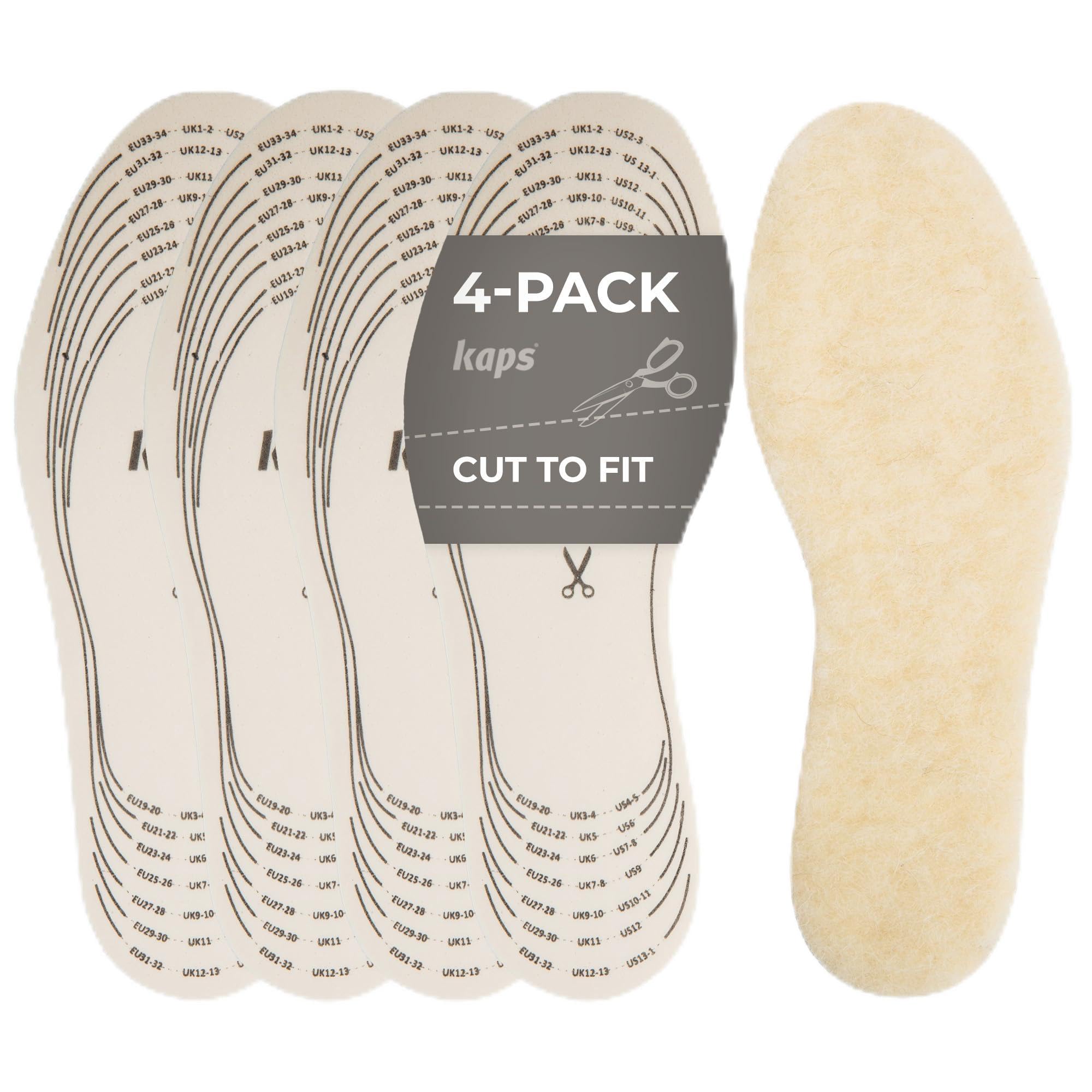 Kinder-Einlegesohlen für den Winter von Kaps, 4 Paar, zurechtschneidbar, Schuheinlagen aus Wolle für Kinder Schuhe und Stiefel, warm und weich, 4er-Pack