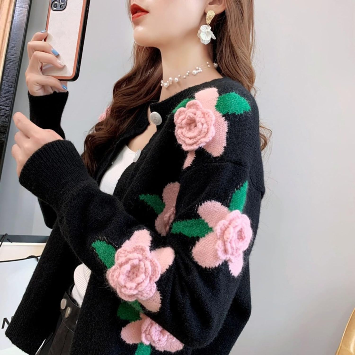 FindThy Women’s Kawaii 3D Floral Cardigan Long Sleeve Crewneck Knit Cardigan Sweaters - Image 3