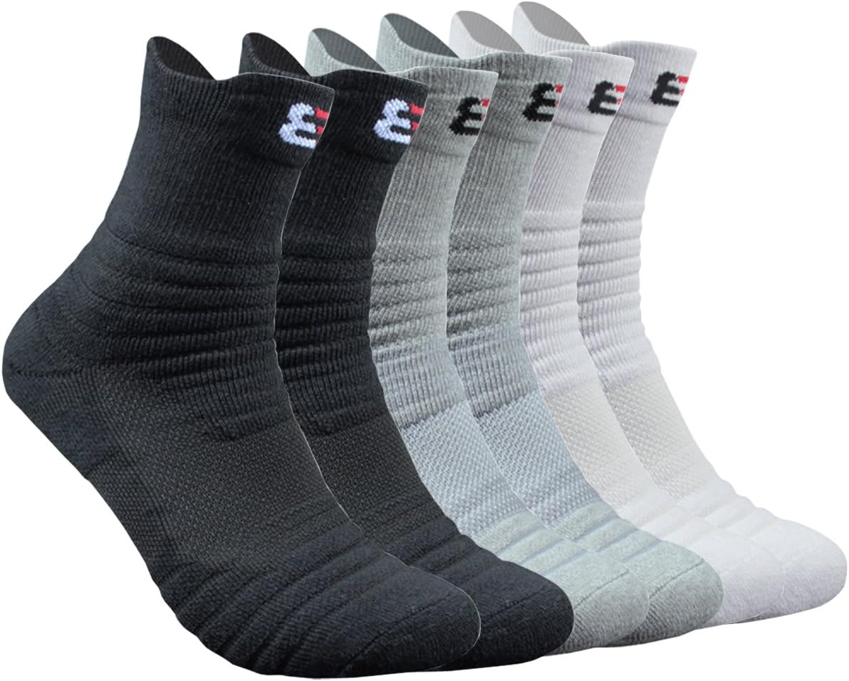 Kisgyst Men's Athletic Compression Crew Ankle Quarter Running Socks Basketball Cushioned Training Socks 3 Pairs