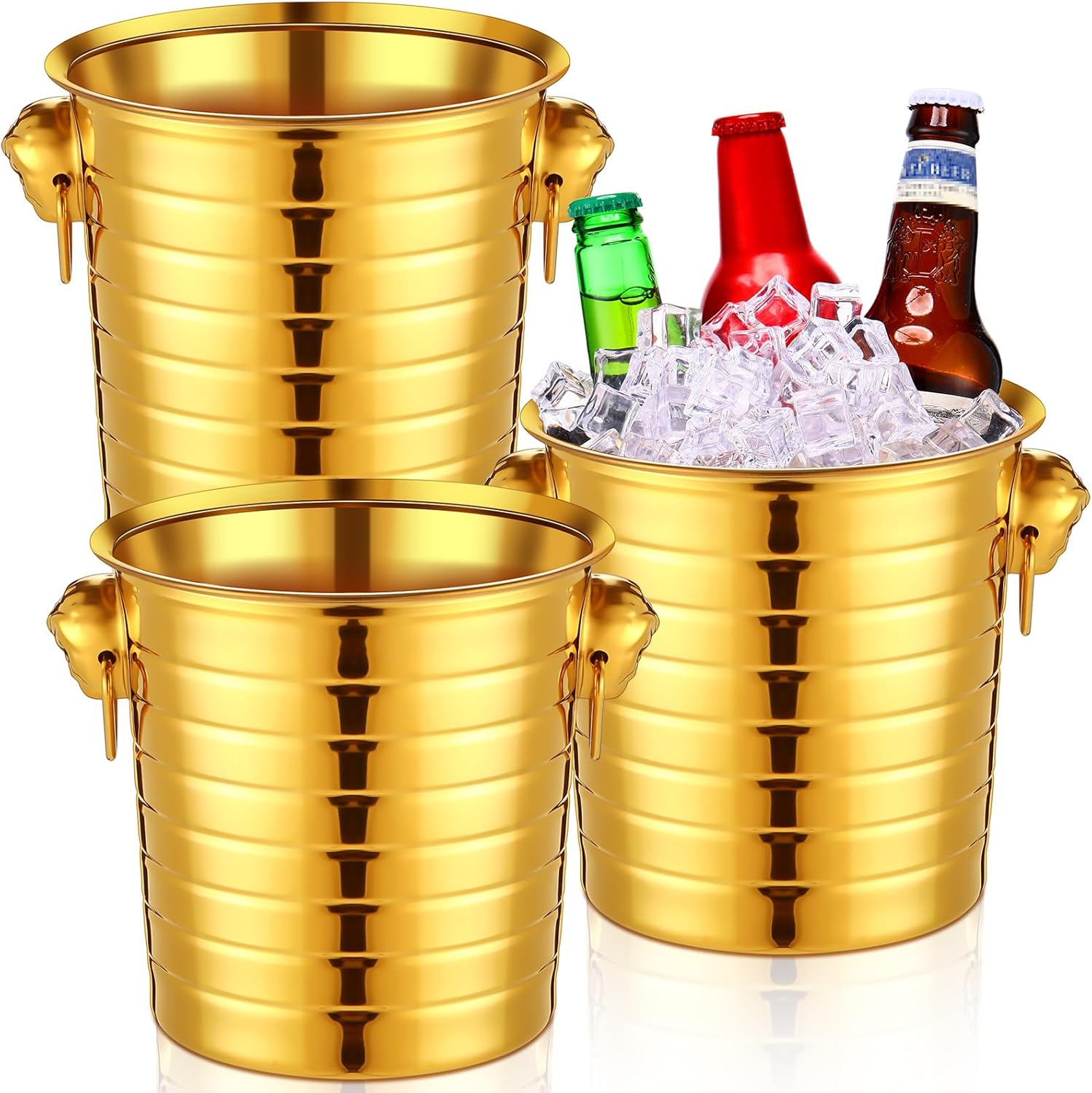 Pinkunn 3 Pack Stainless Steel Champagne Bucket 3 Qt Metal Ice Bucket Double Wall Wine Buckets with Handles Party Beverage Chiller for Champagne Beer Cocktail Wine Drinks Home Bar Accessories (Gold)