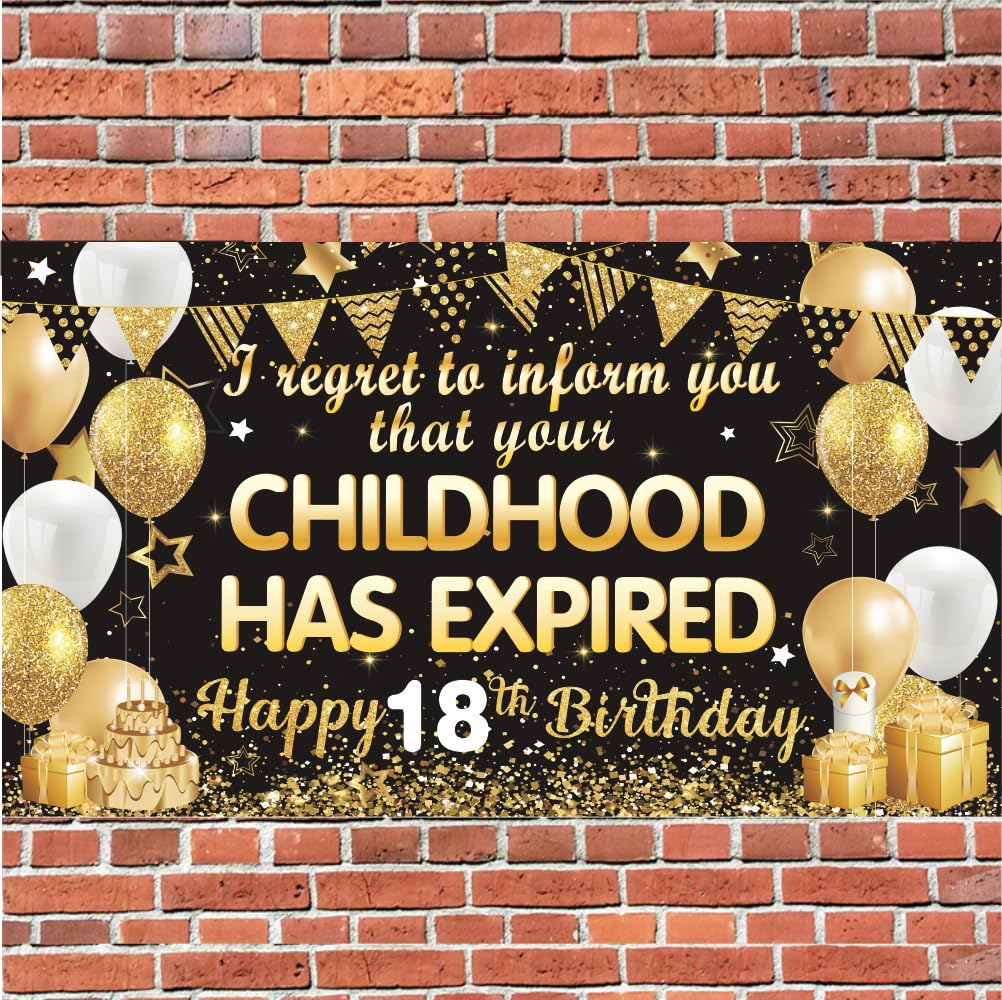 18. Geburtstag Banner – „I Regret To Inform You Your Childhood Has Expired“ – Rot-Gold, 180x111 Cm – Fotohintergrund