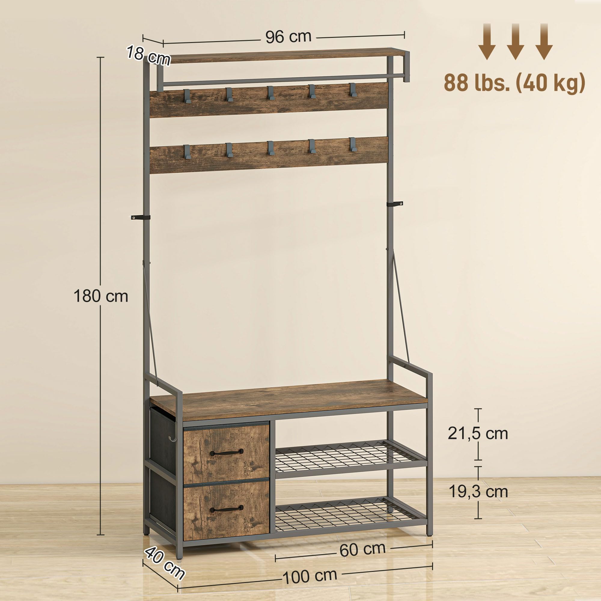 HOMCOM Perchero Zapatero 6 en 1 2 Cajones 100x40x180 cm Marrón Rústico | Perchero Entrada Recibidor, Zapatero Doble, 10 Ganchos Ajustables, Barra Colgante, Estilo Industrial, para Pasillo