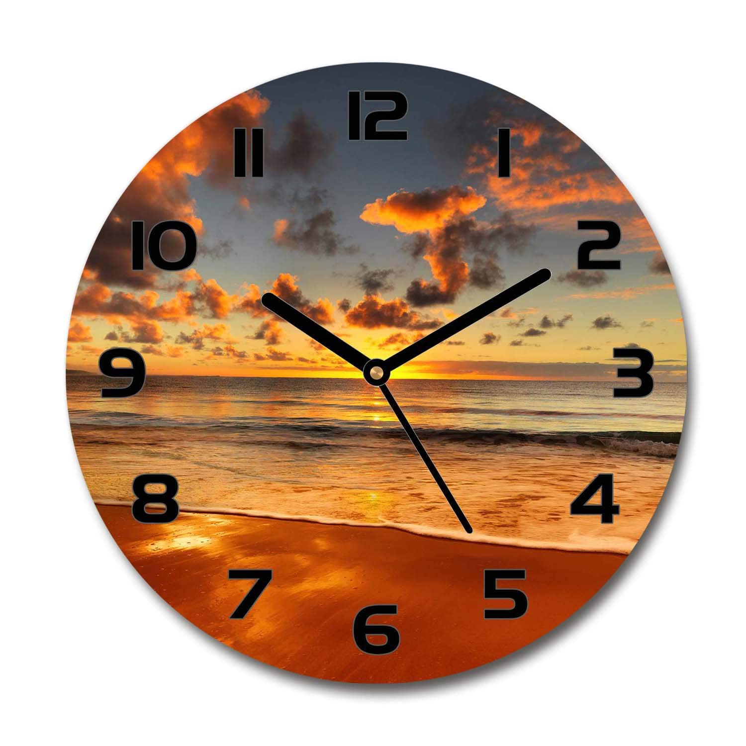 Horloge en verre rond 30cm Tulup - Cadran silencieux sur pied imprimé Plage australienne