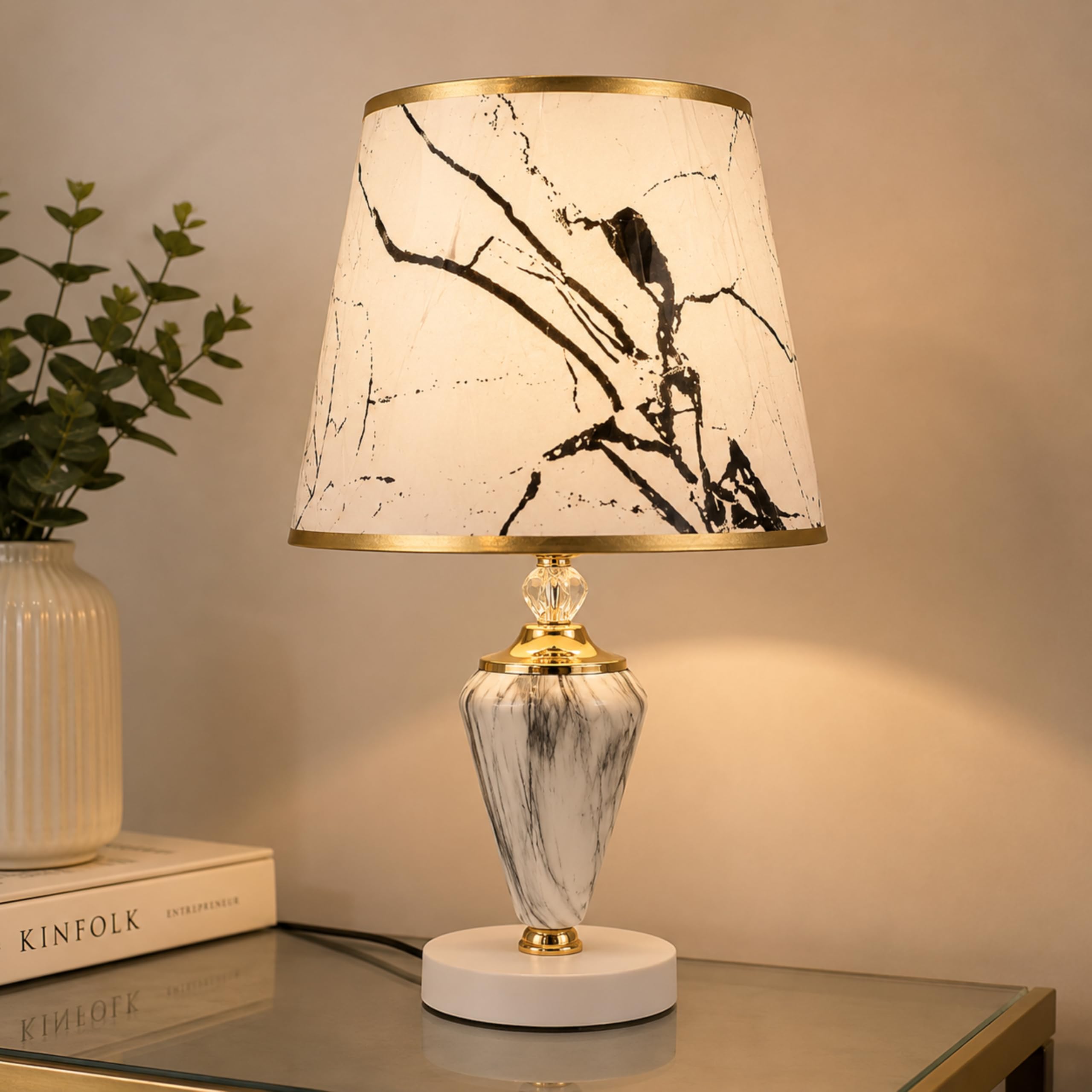 Luxury Marble Finish Table Lamp with Printed Fabric Shade & Gold Base – Modern Nightstand Lamp for Bedroom-image-38