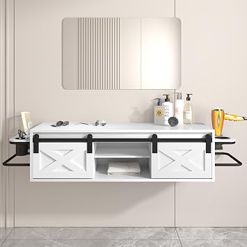 Wall Mount Salon Station, Hair Station with Multifunctional Storage Space, Salon Stations for Hair Stylist with Sliding Barn Doors, Floating Barber Desk with 3 Hair Dryer Holes, 2 Towel Racks White