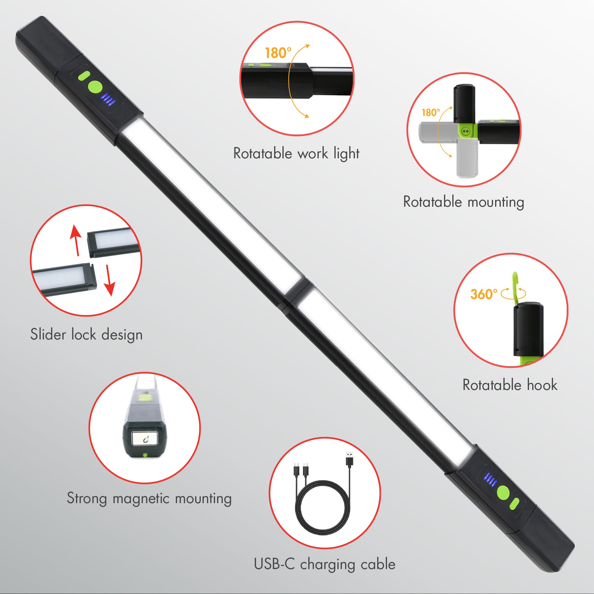 Wagan EL4346 - Lampada da lavoro a LED rimovibile, ricaricabile, 2400 lm, portatile, con magnete e ganci, senza fili, lampada da lavoro luminosa per riparazione auto, garage, officina