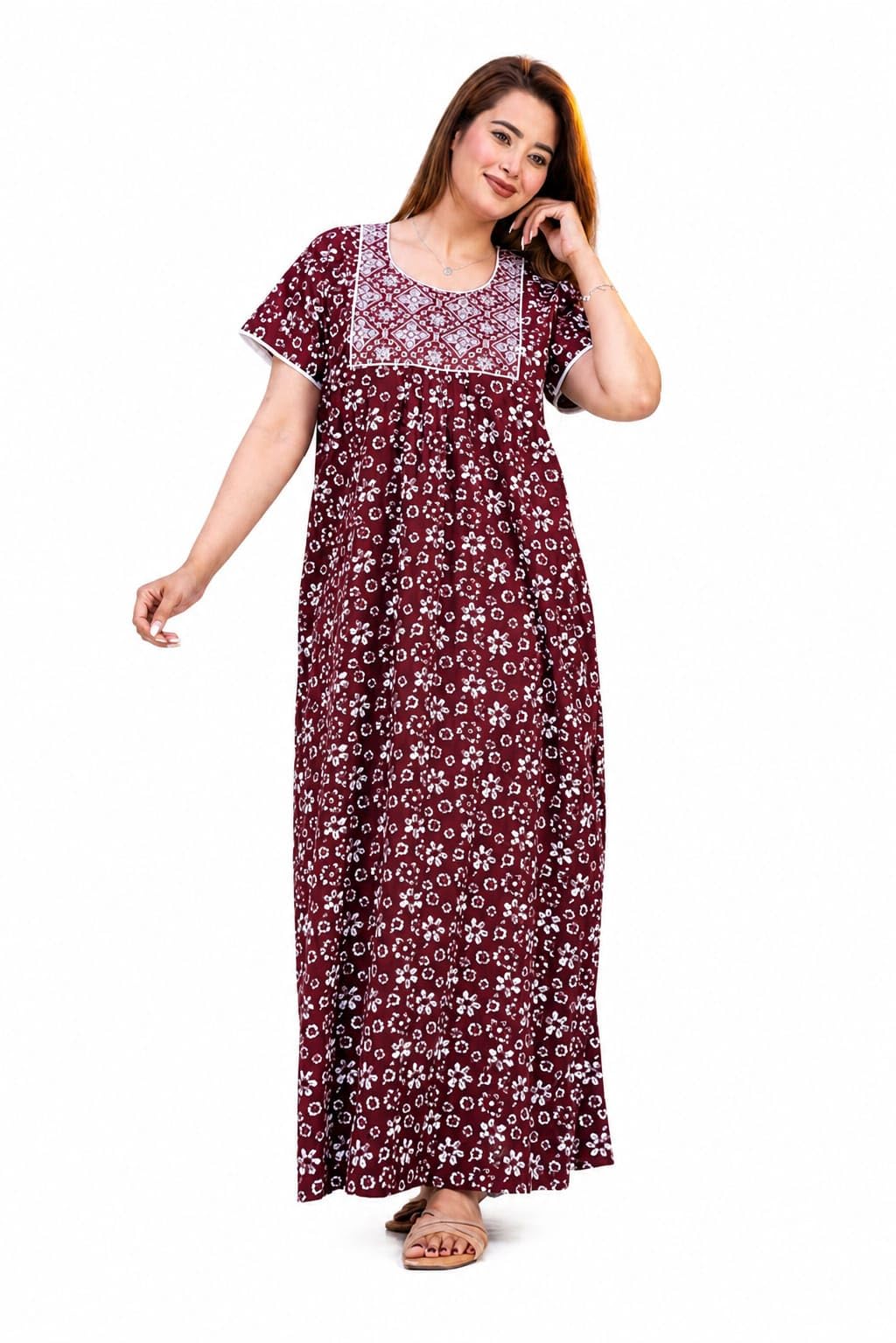 mik & misha Women's Pure Cotton Maxi Nighty Maroon Floral-picture-34