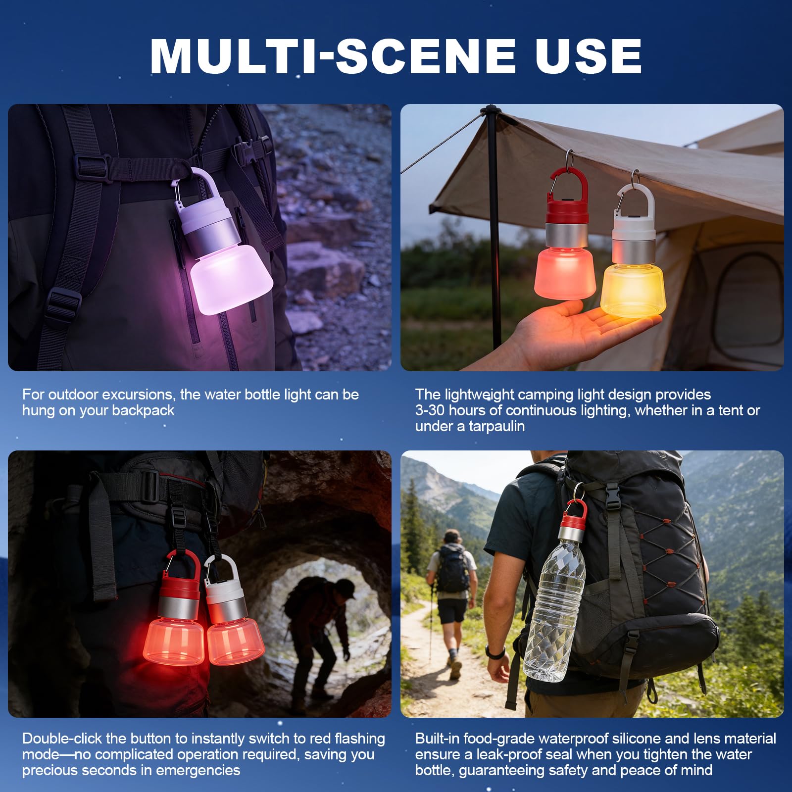 Lampada da campeggio a LED portatile con gancio per appenderla, lanterna a batteria ricaricabile per campeggio all'aperto, escursionismo, interruzioni di corrente di emergenza (rosso)