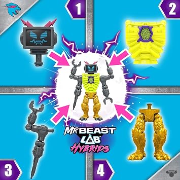 MrBeast Lab Hybrids Multi Pack, Lab-Bot vs GID Skeleton | 2 mix & match beast figures plus Golden Panther Dragon parts to collect; fuse combinations, MrBeast fans