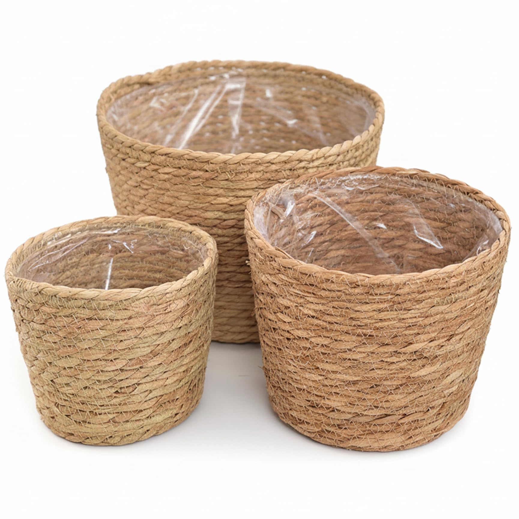 Wilafury 3Pcs Wicker Plant Basket Set, Handwoven Seagrass Planter with Plastic Liner, Decorative Plant Covers for Home, Kitchen & Patio
