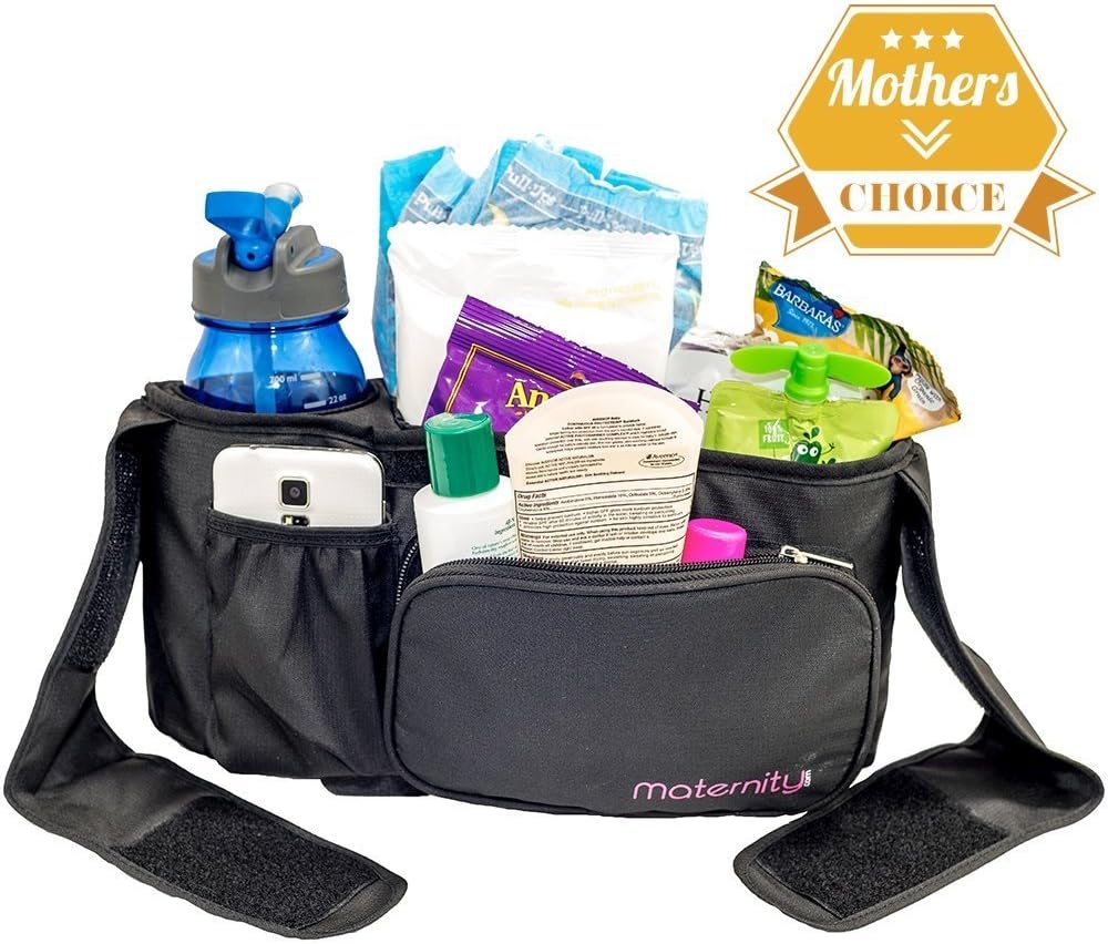 Universal Stroller Organizer By Maternity – Durable Spacious Stroller Accessory – Extra Long Straps, Fits All Strollers. Available in All Black or Black with a Pink Border.